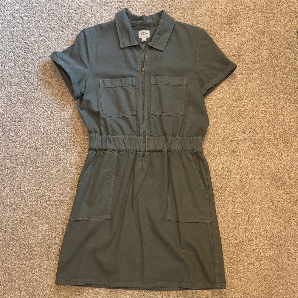 J. Crew Green Mini Dress with Pockets, zip up front, elastic waist, 6.